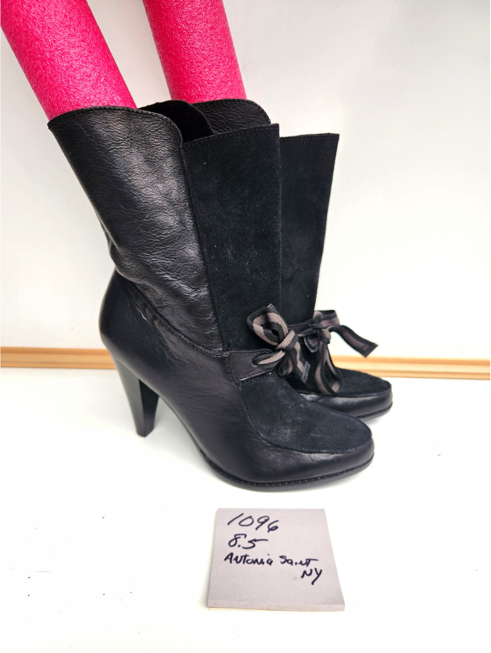 Antonia Saint NY Women’s Black Leather Suede Pull-On Bow Mid-Calf Boots 8.5